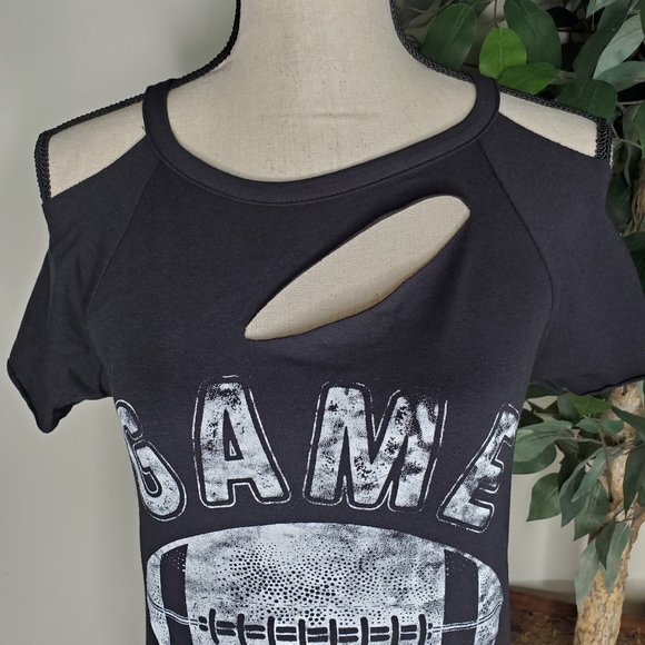 New! Black Distressed Football Game Day Top - Picture 3 of 4